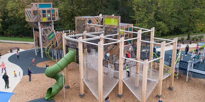 Elevated view of the cargo net playground at French Regional Park. 