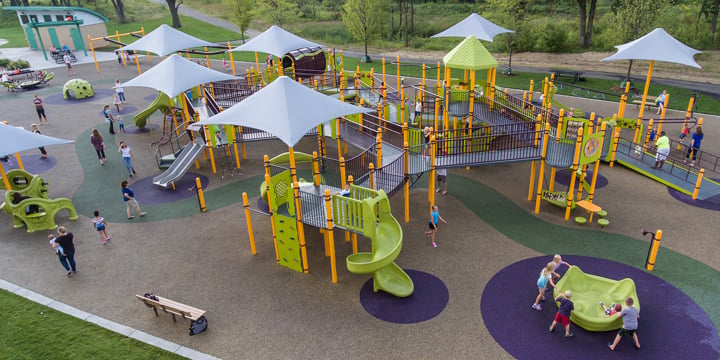 Elevated view of the inclusive playground at Madison's Place. 