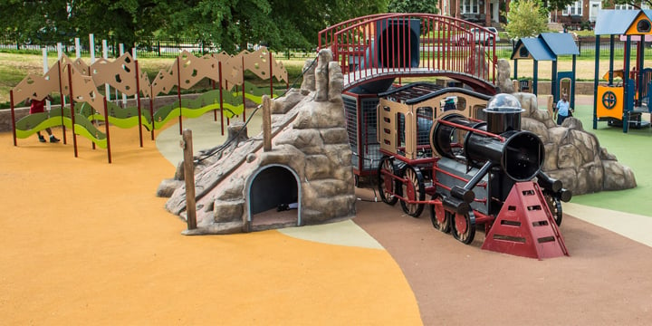 Train themed playstructure at the Turkey Thicket Recreation Center. 