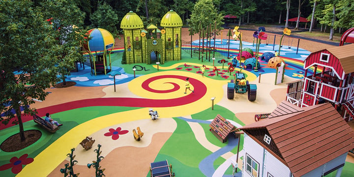 Elevated view of the custom Wizard of Oz playground at Watkins Regional Park 