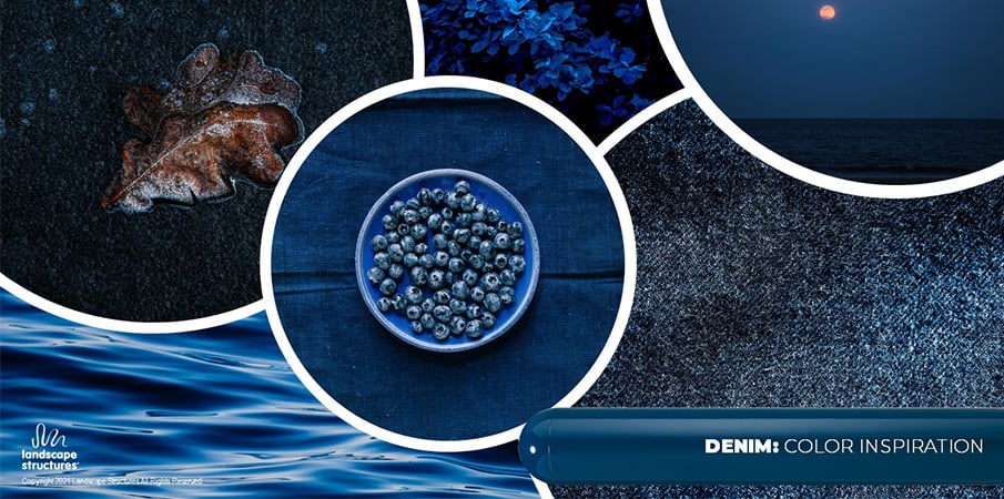 Collage of images of blueberries, denim, night sky and water at night to illustrate the inspiration behind the "denim" paint color.