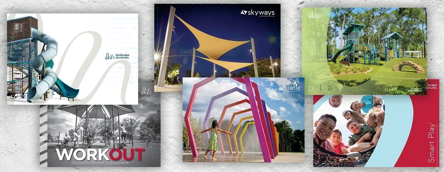 Hero image showing a collage of covers of Landscape Structures various catalogs focusing
