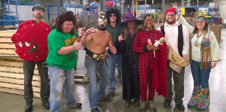A group of Landscape Structures employees pose for the camera in their Halloween costumes.