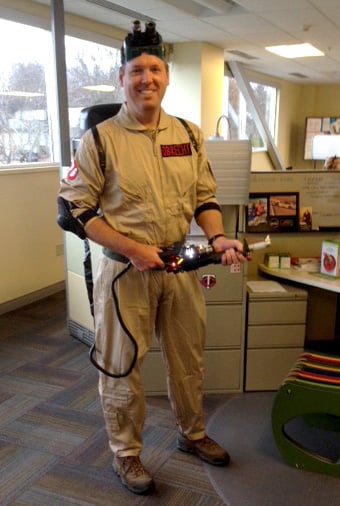 Landscape Structures Mark Obrecht poses for the camera in a Ghostbusters Halloween costume.