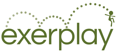 Light green logo for Exerplay showing a child bouncing atop the company name